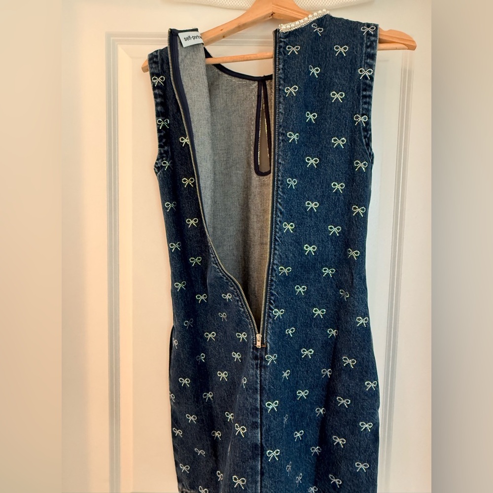 NWOT Self-Portrait DENIM DIAMANTE BOW MINI DRESS - Picture 15 of 17